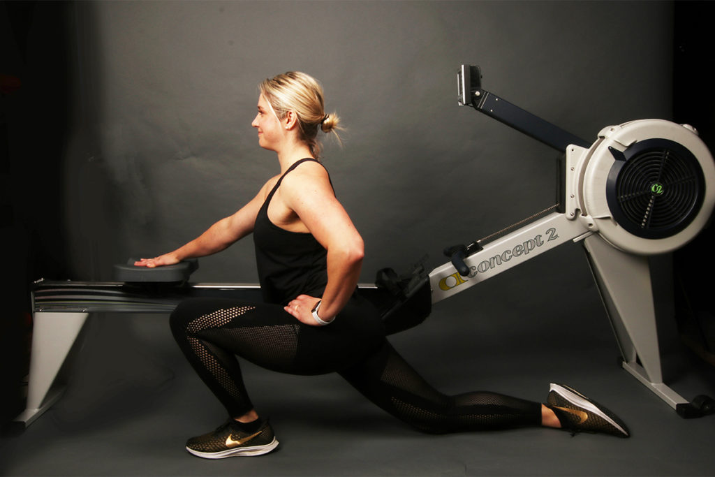 Ergometer Supported Hip Flexor Stretch for rowing recovery
