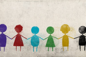 Colorful figures holding hands to represent inclusivity