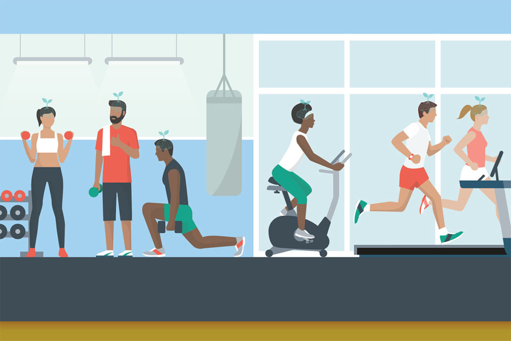 Graphic of many people exercising for brain fitness
