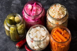 Jars of fermented food for gut microbiome health