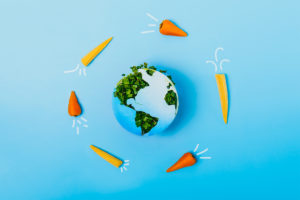 Graphic of carrots around earth to illustrate carbon footprint of food