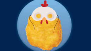 Graphic of nuggest in chicken mask to illustrate protein in meat substitute