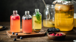 Bottles of kombucha to represent nutrition trends