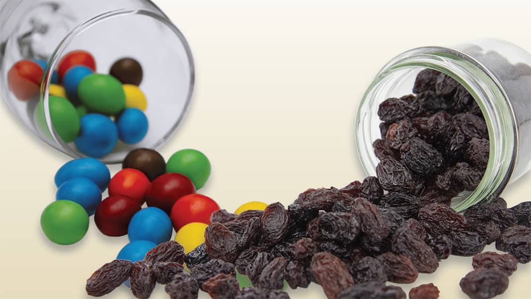 Candy and raisins to represent being with different people to eat better