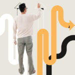 Person touching illustrations of up arrows to represent fitness industry growth