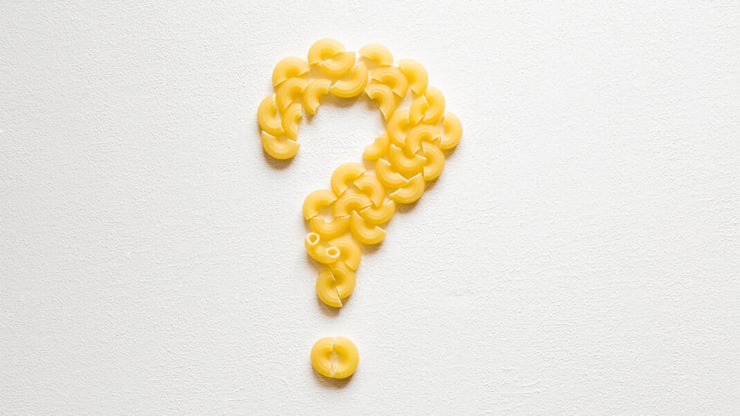 Question mark created with pasta to represent low-fat diet