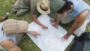 Group of people orienteering outside