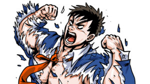 Cartoon man bursting out of clothes from energy drinks